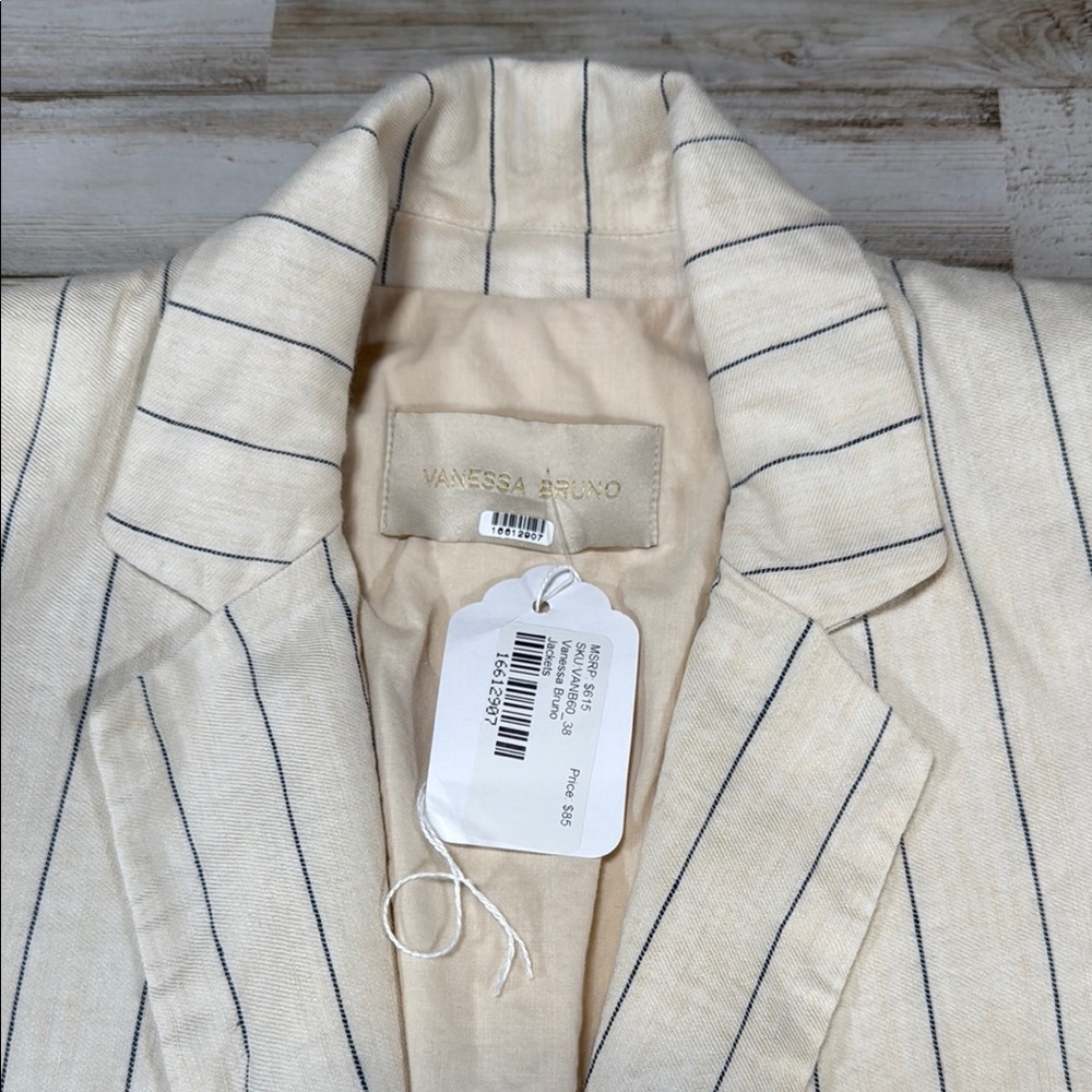 Vanessa Bruno Unlined Pinstriped Blazer Elegant Linen Cotton Blend Suit Jacket - Picture 2 of 8